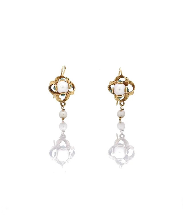 14 YELLOW GOLD PEARL TURQUOISE EARRINGS