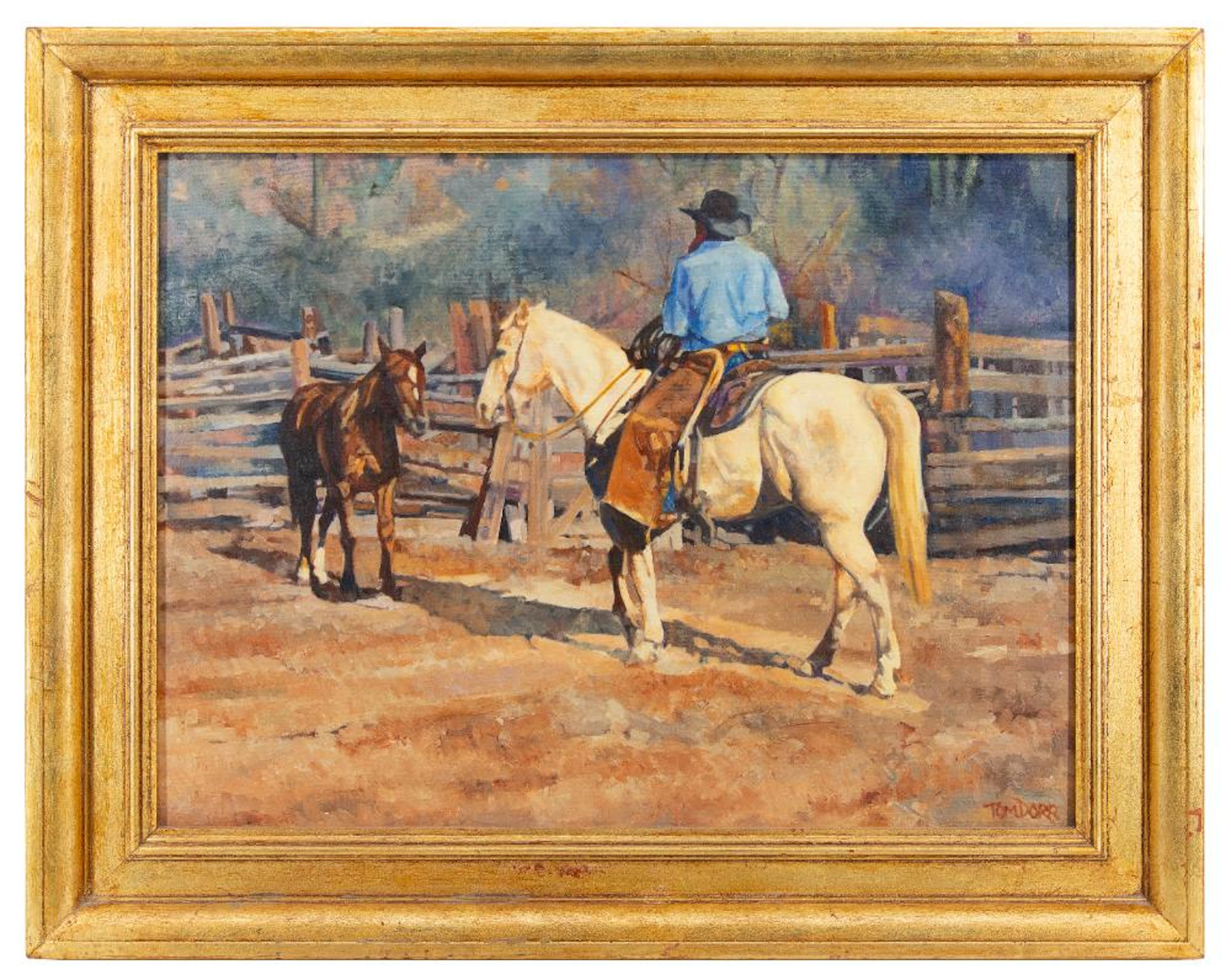 TOM DORR "COLT CONFRONTATION" OIL ON BOARD