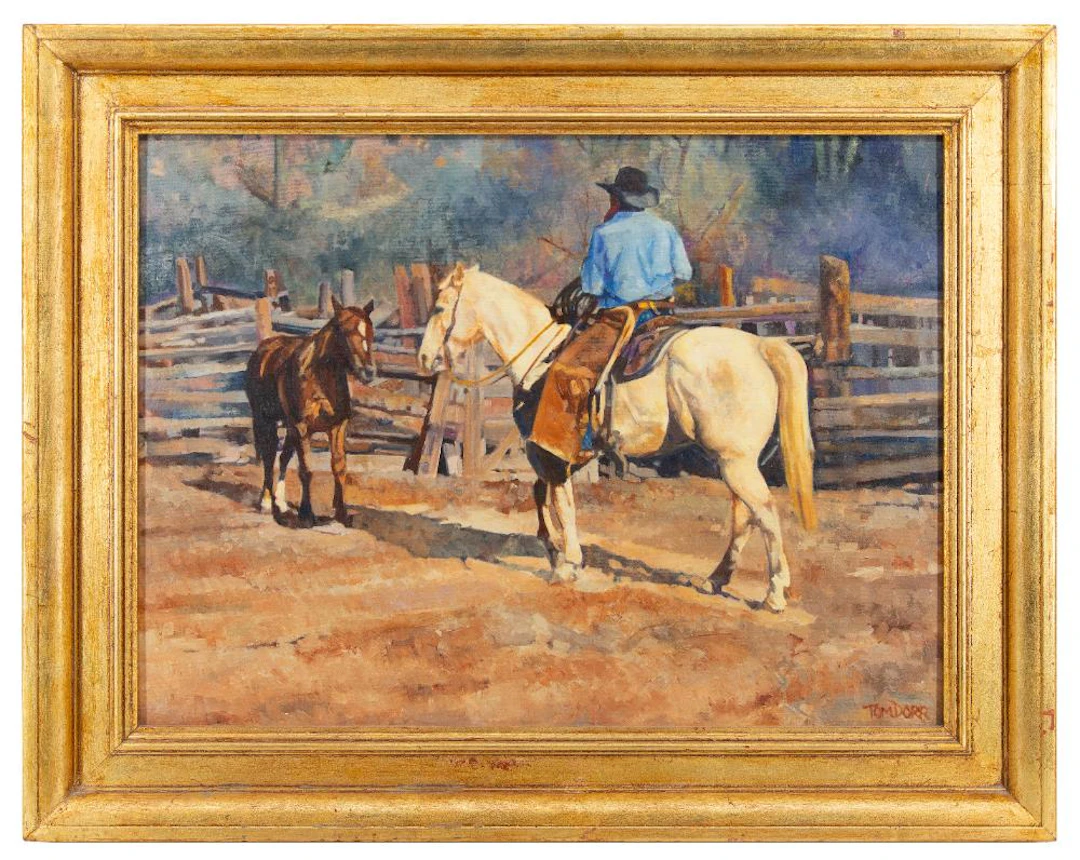 TOM DORR "COLT CONFRONTATION" OIL ON BOARD