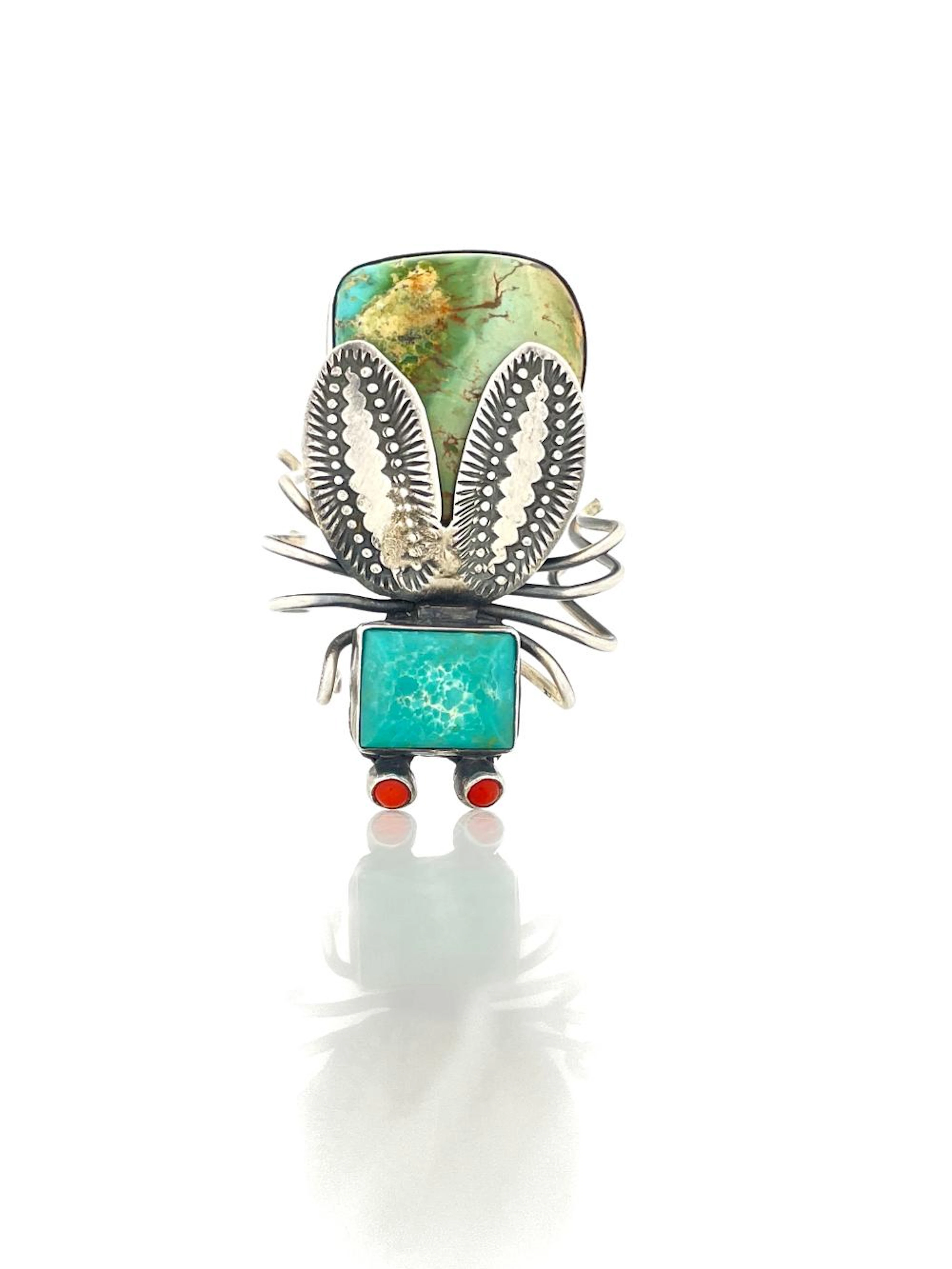 HERBERT RATION NAVAJO STERLING SILVER TURQUOISE & CORAL BEETLE BROOCH
