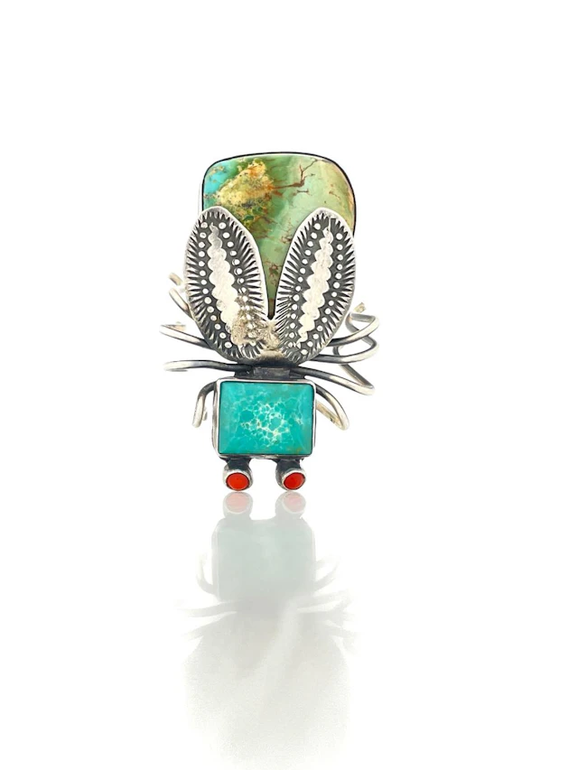 HERBERT RATION NAVAJO STERLING SILVER TURQUOISE & CORAL BEETLE BROOCH