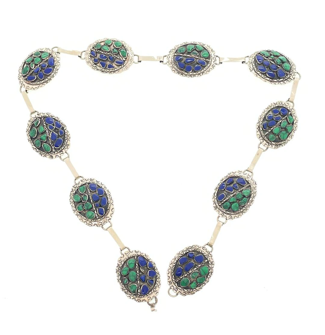 NATIVE AMERICAN STERLING SILVER MALACHITE & LAPIS CONCHO BELT