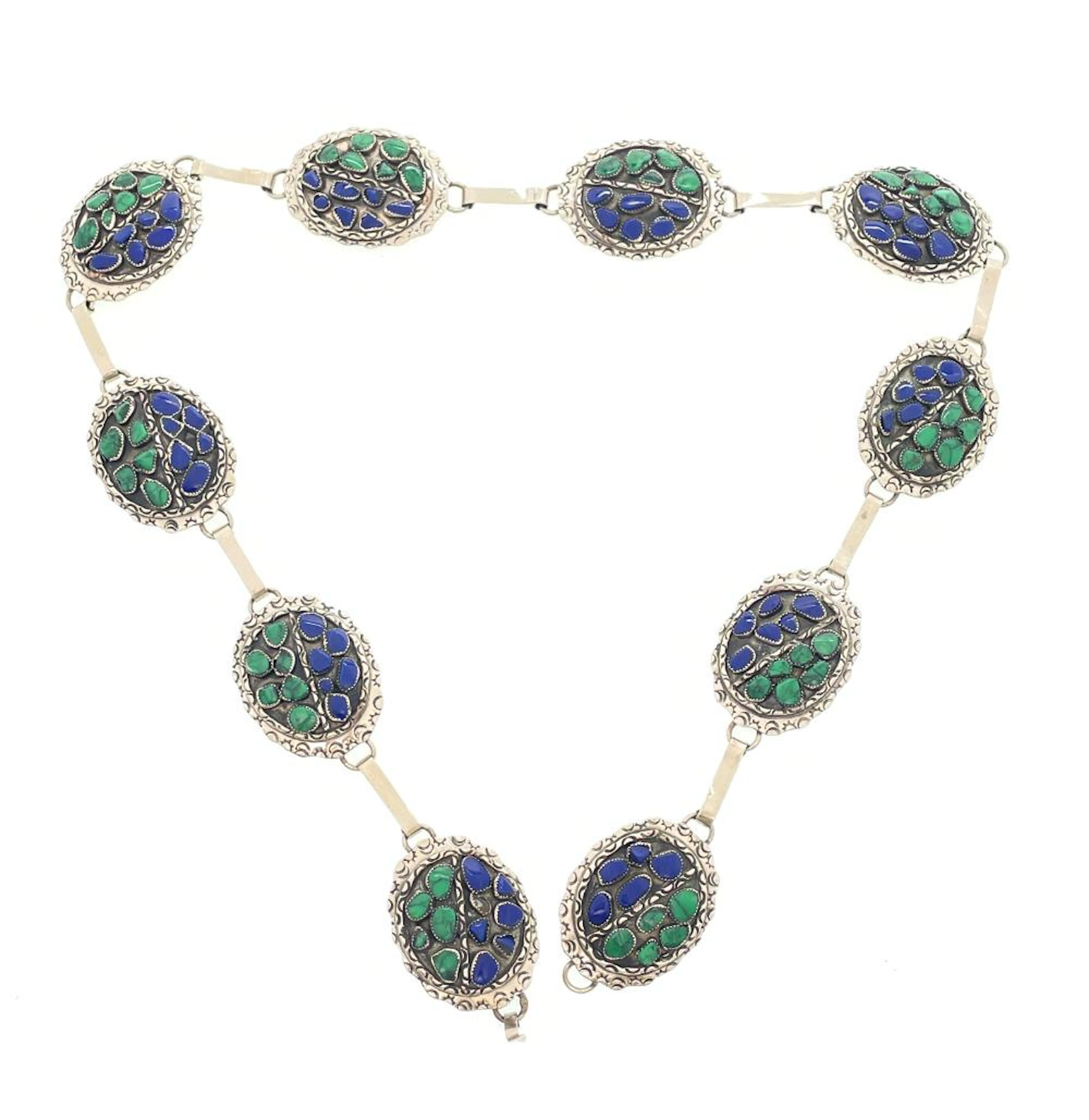 NATIVE AMERICAN STERLING SILVER MALACHITE & LAPIS CONCHO BELT