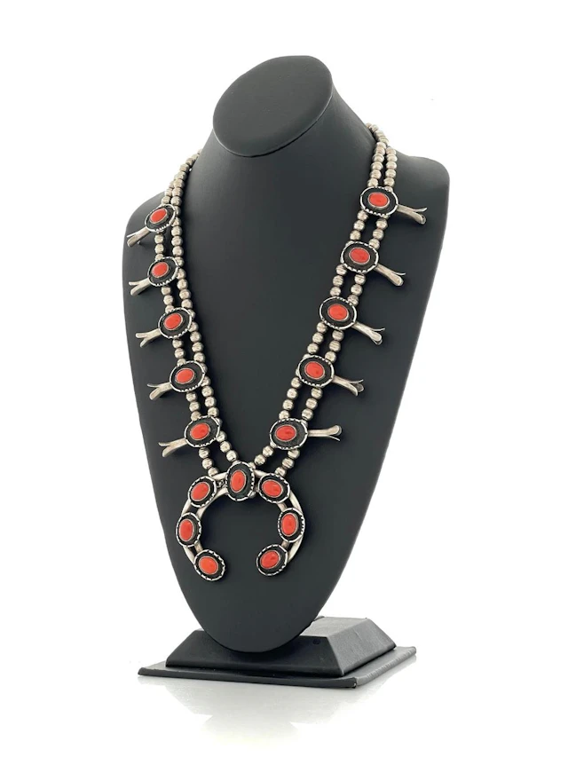 NAVAJO STERLING SILVER CORAL SQUASH BLOSSOM NECKLACE