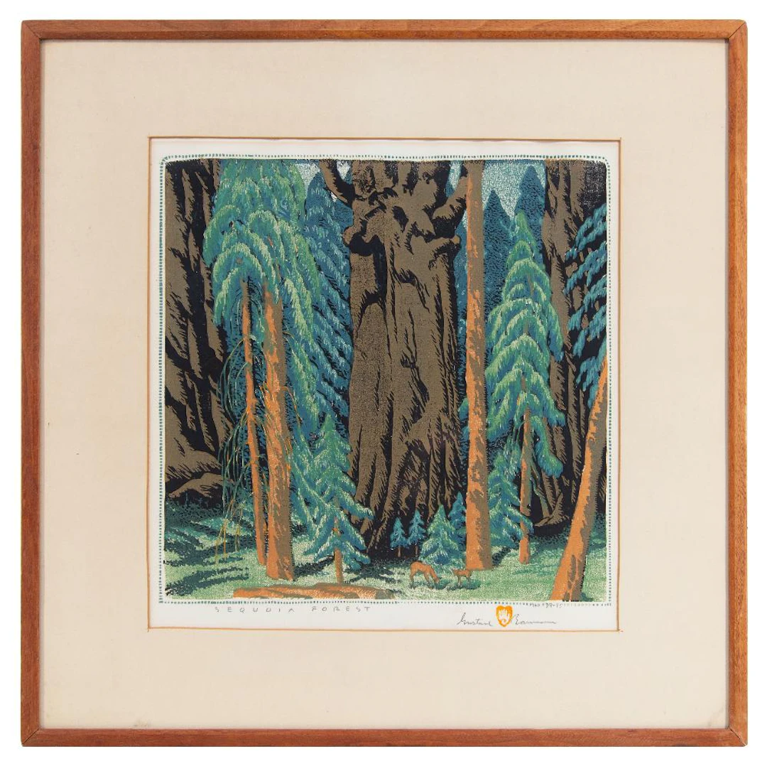 GUSTAVE BAUMANN "SEQUOIA FOREST" ORIGINAL COLOR WOODCUT