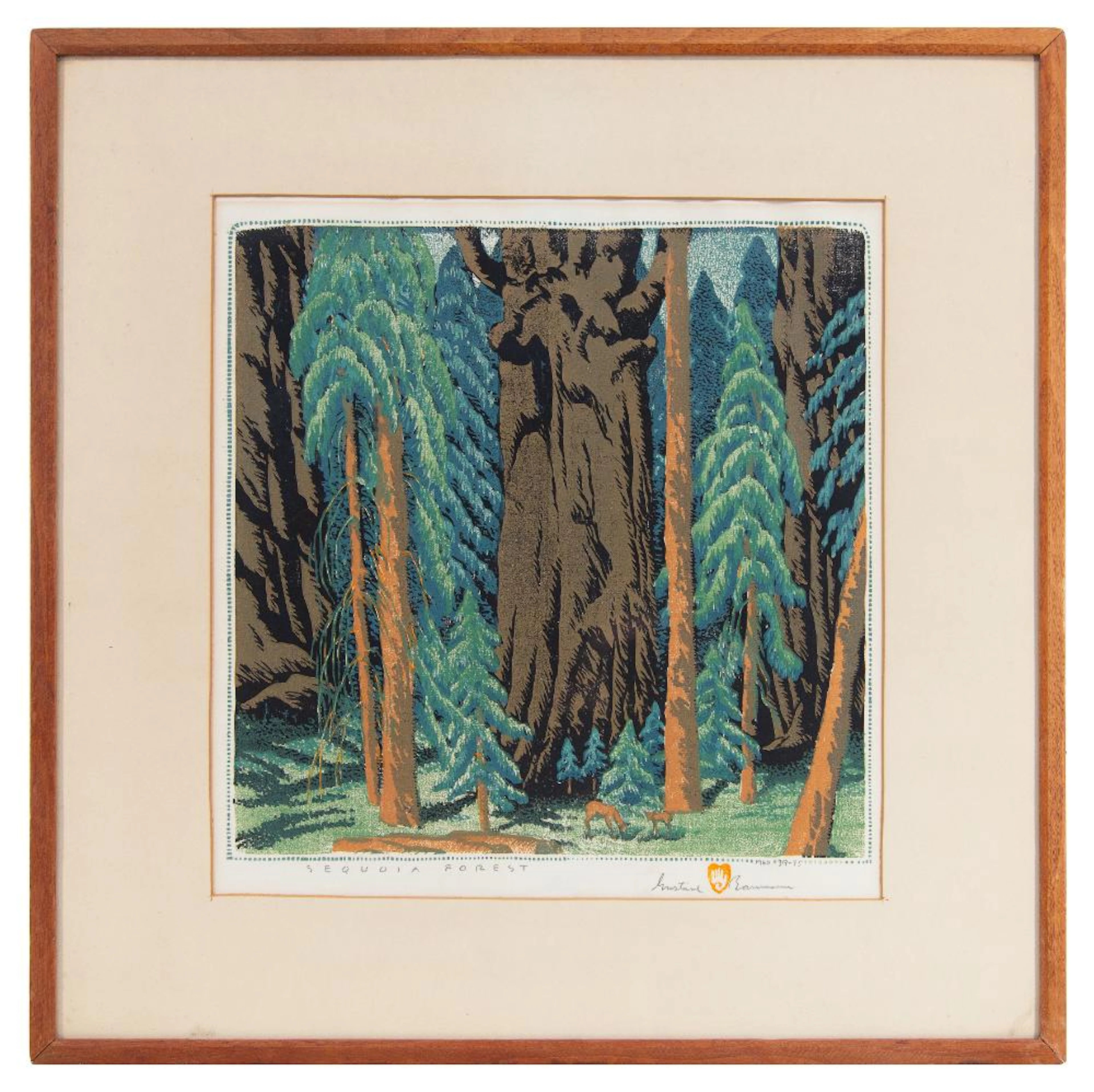 GUSTAVE BAUMANN "SEQUOIA FOREST" ORIGINAL COLOR WOODCUT