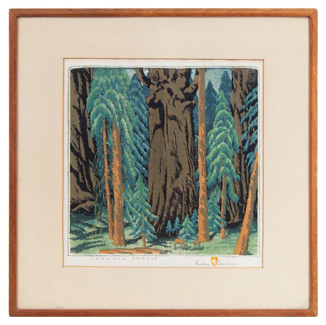 GUSTAVE BAUMANN "SEQUOIA FOREST" ORIGINAL COLOR WOODCUT