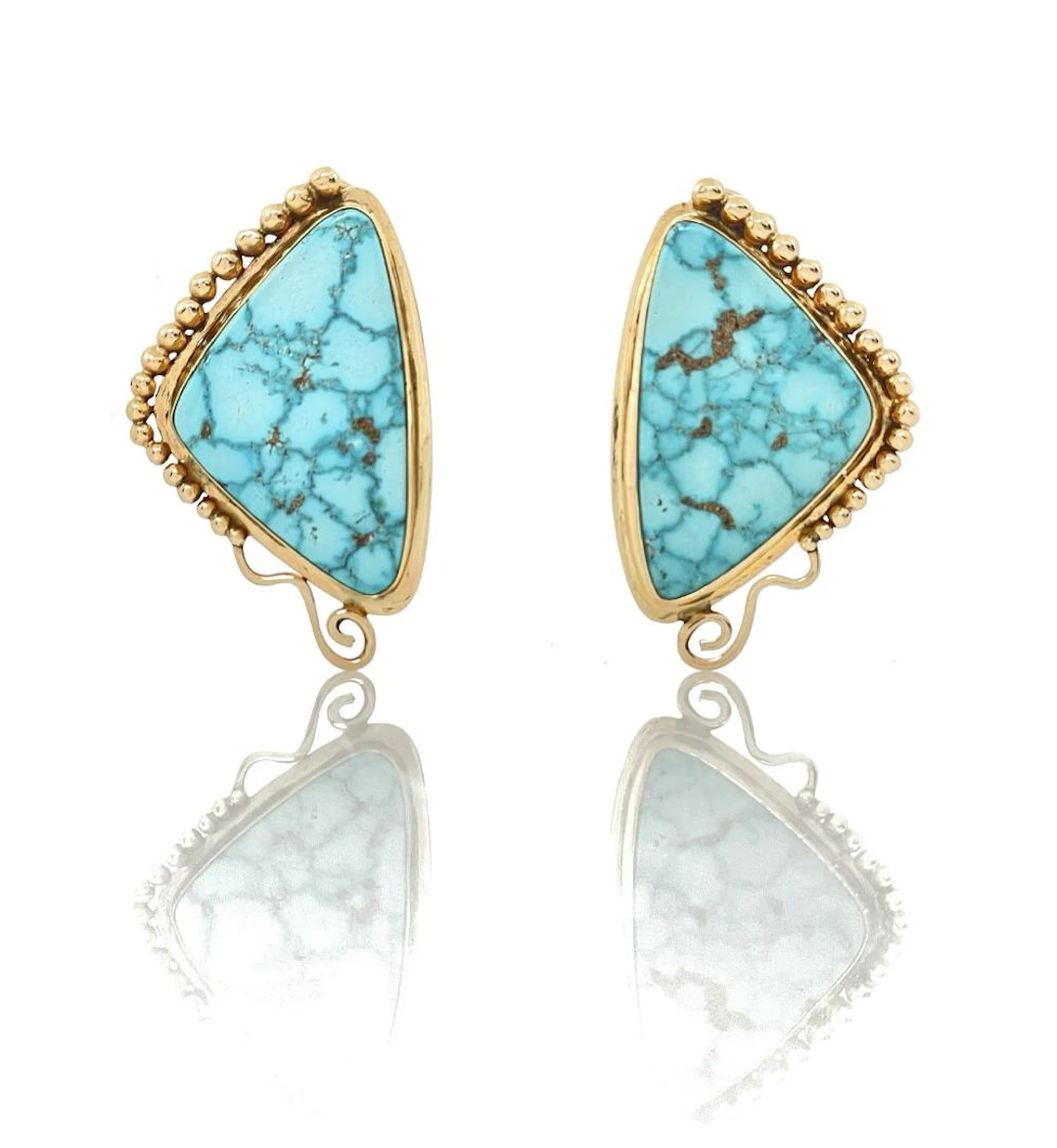 LYNDON TSOSIE NAVAJO 14K YELLOW GOLD TURQUOISE EARRINGS