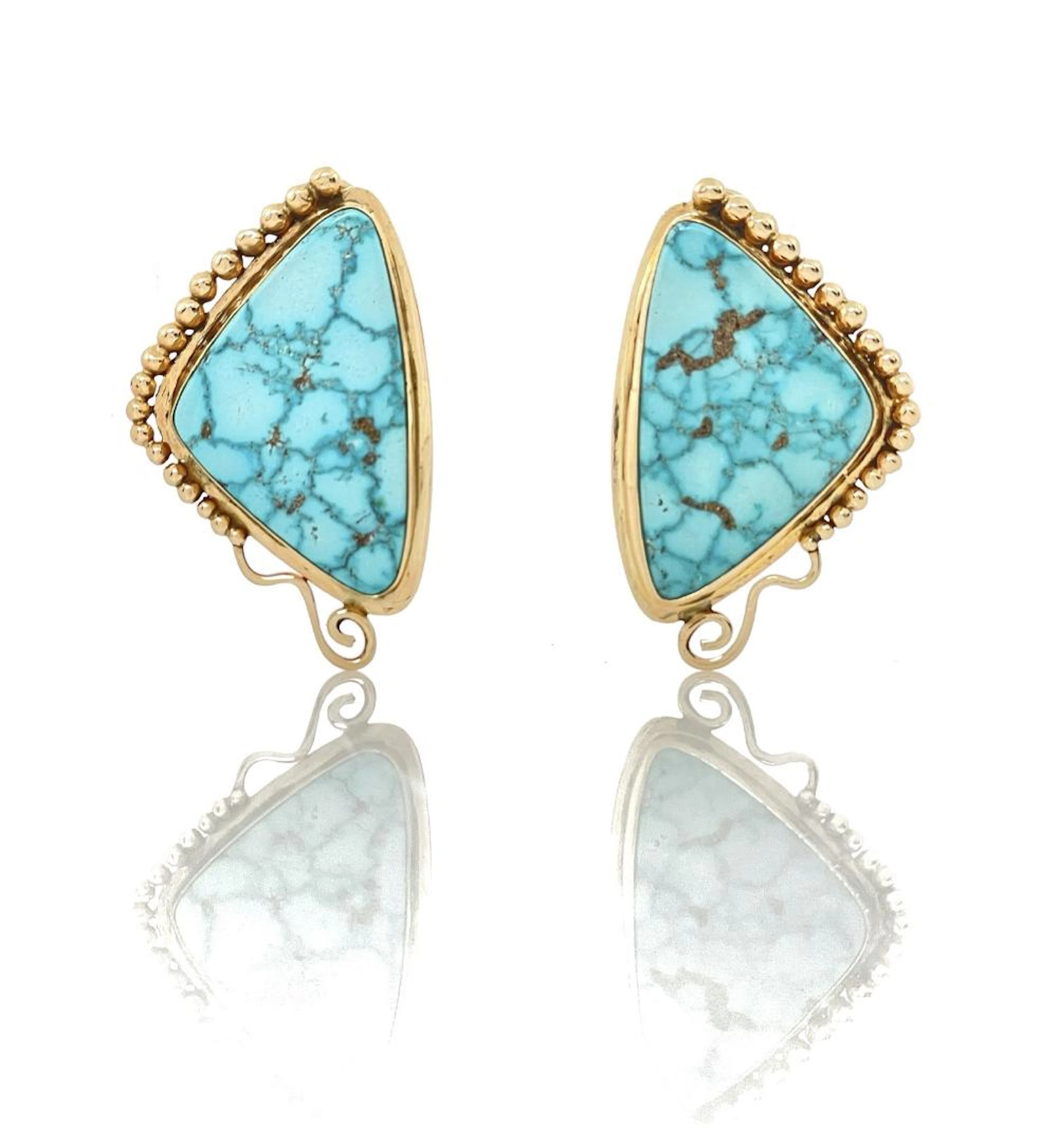 LYNDON TSOSIE NAVAJO 14K YELLOW GOLD TURQUOISE EARRINGS