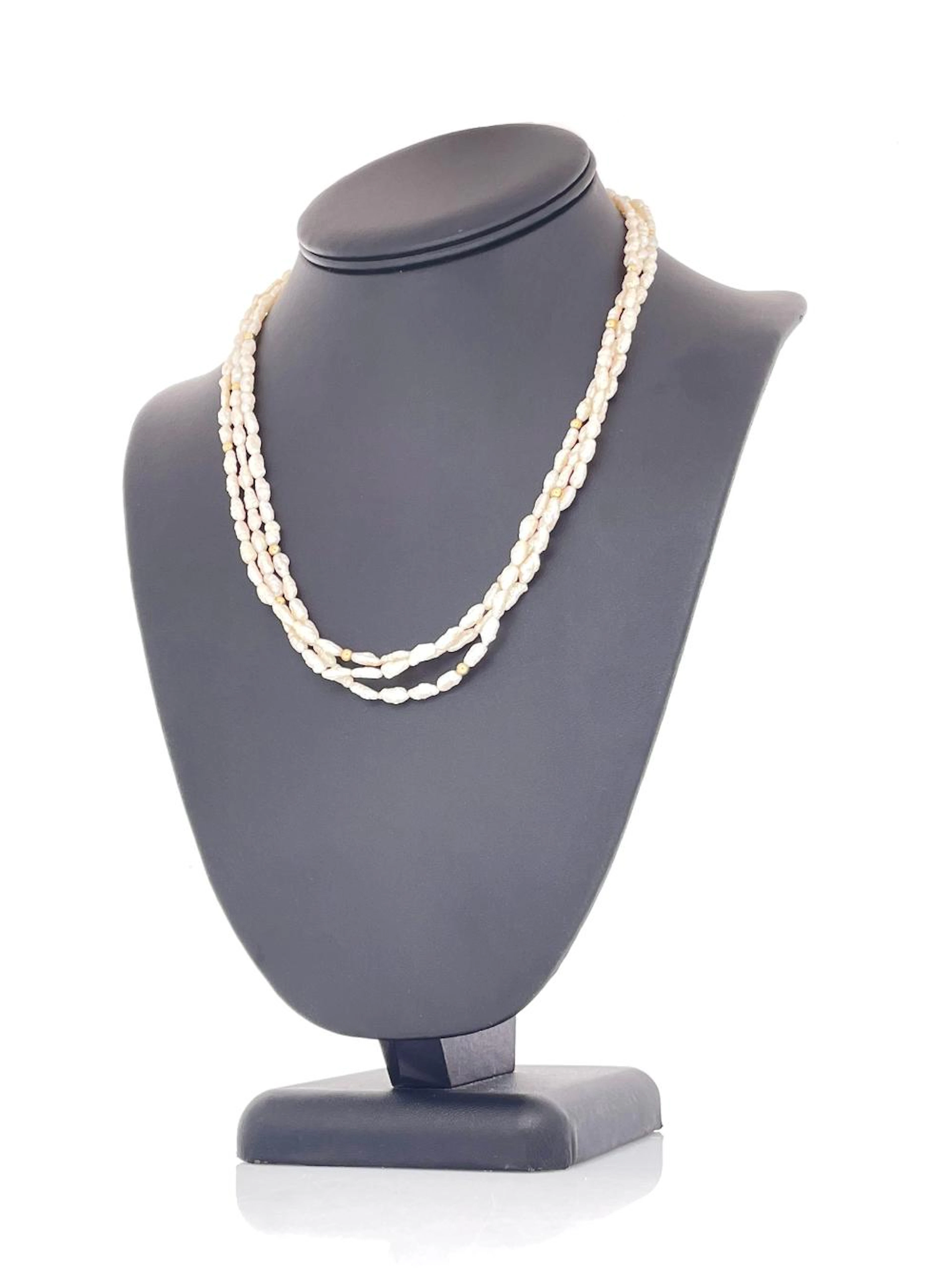 14K YELLOW GOLD RICE PEARL 3 STRAND NECKLACE