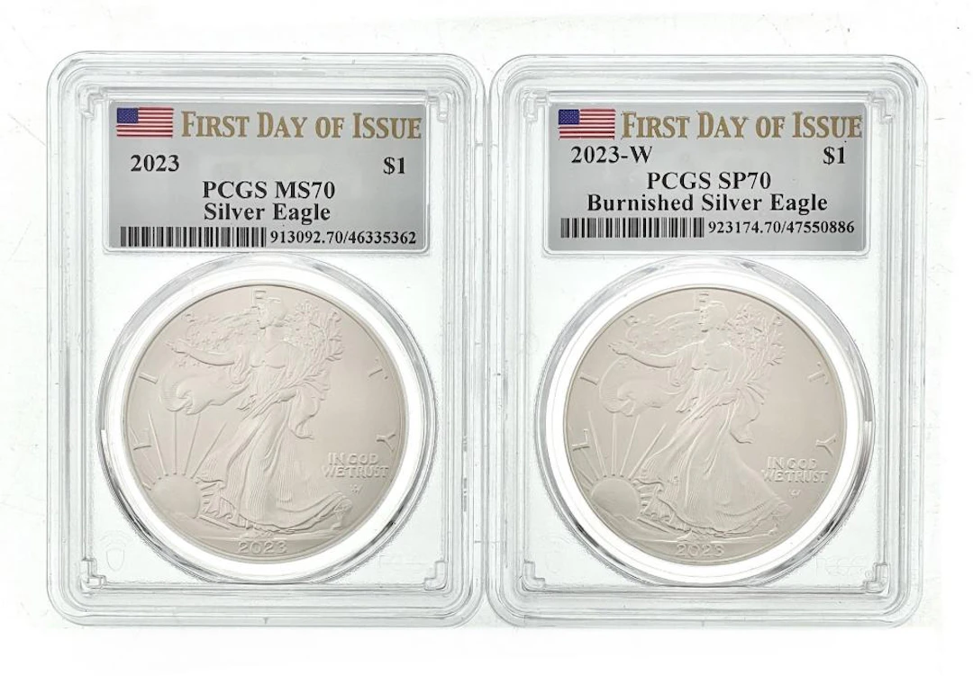 LOT OF 2 2023-P-W AMERICAN SILVER EAGLES FDOI MS70 & SP70