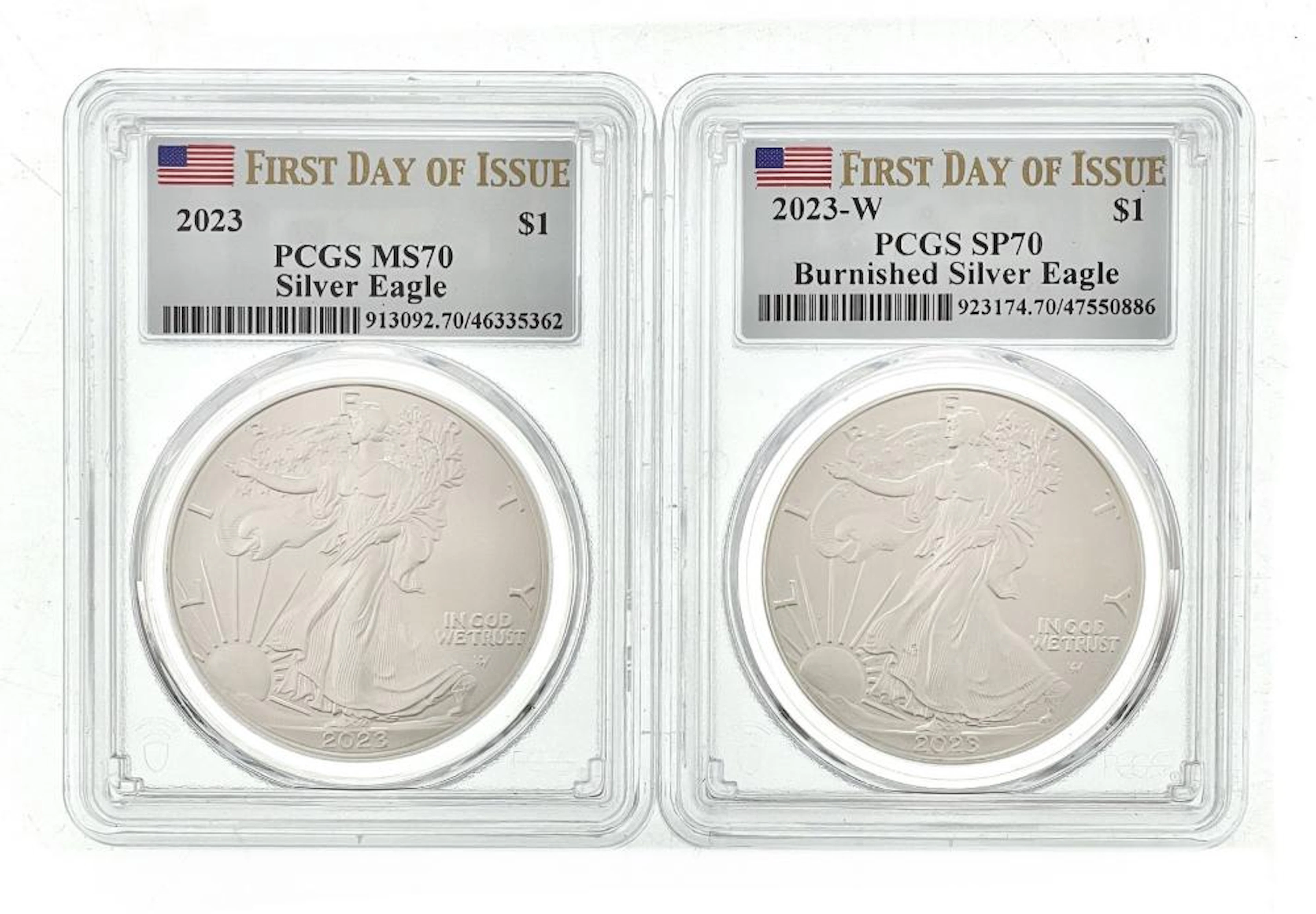 LOT OF 2 2023-P-W AMERICAN SILVER EAGLES FDOI MS70 & SP70