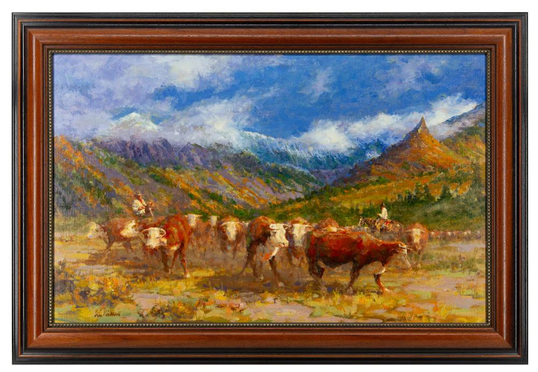 ERIC MICHAELS "DOWN FROM THE HIGH COUNTRY" OIL ON BOARD