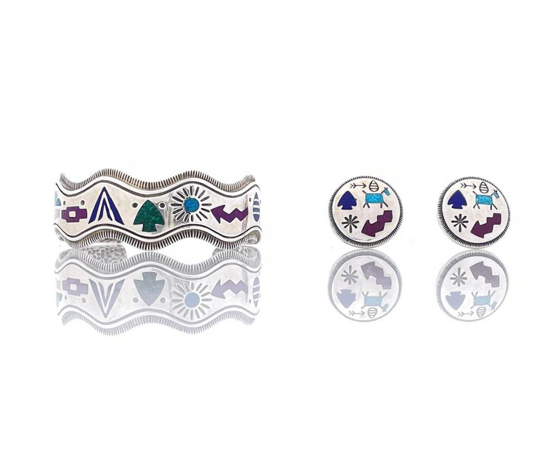 3PC CAROLYN POLLACK SOUTHWESTERN STERLING SILVER INLAY CUFF & EARRINGS