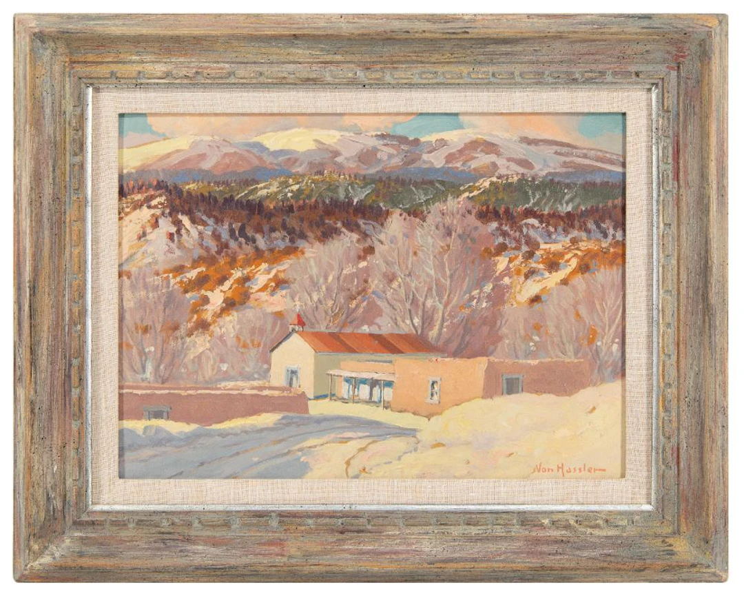 CARL VON HASSLER "CHURCH IN WINTER" OIL ON BOARD
