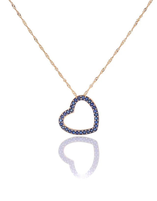 14K & 18K YELLOW GOLD 2.10CTTW SAPPHIRE OPEN HEART PENDANT NECKLACE