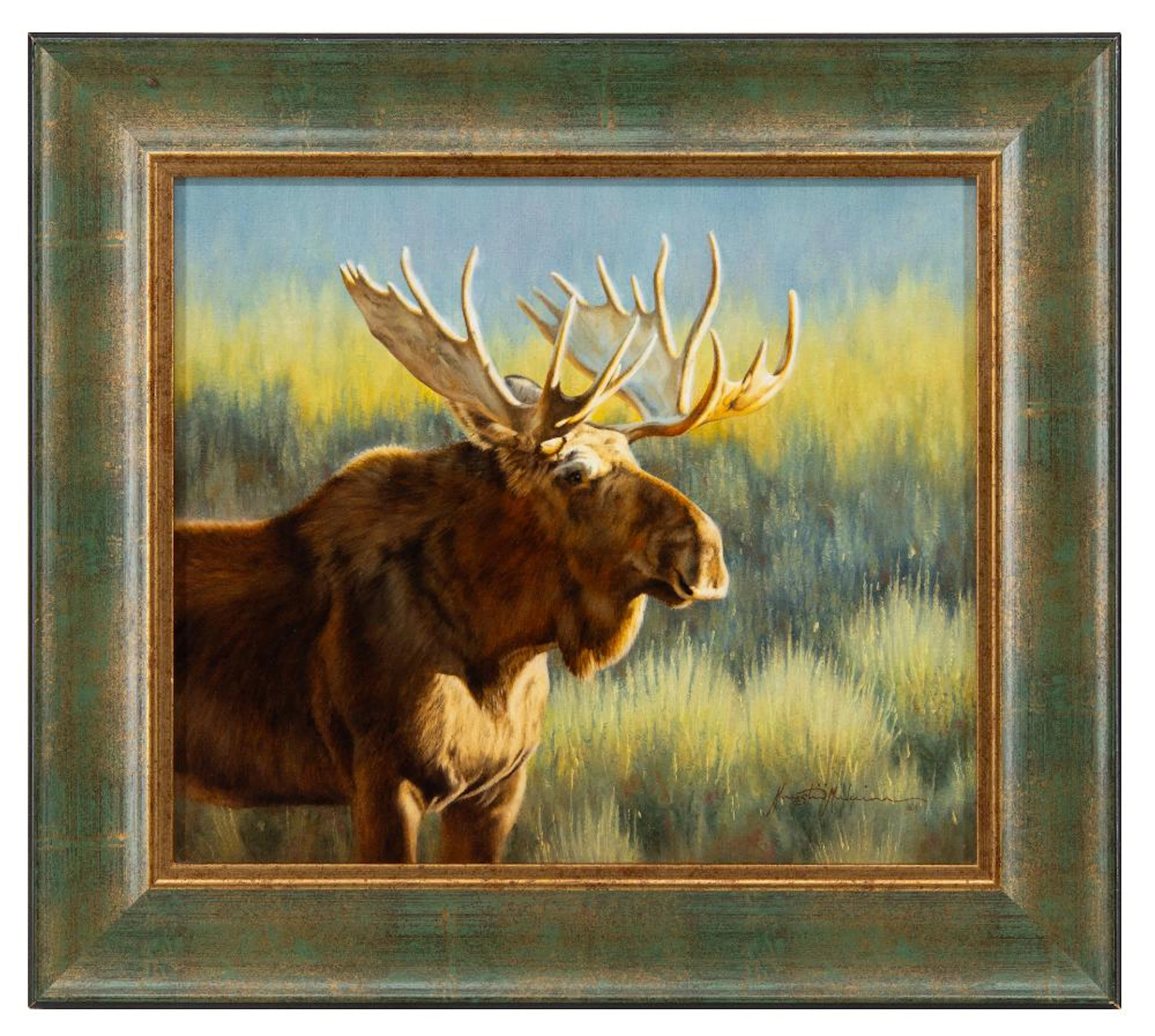 KRYSTII MELAINE "WARMING UP" (MOOSE) OIL ON BOARD