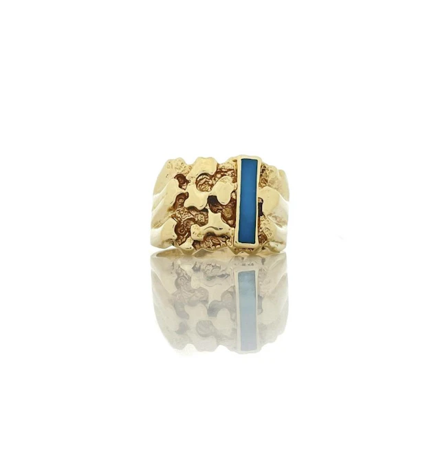 SIGNED SOUTHWESTERN 14K YELLOW GOLD NUGGET TURQUOISE RING