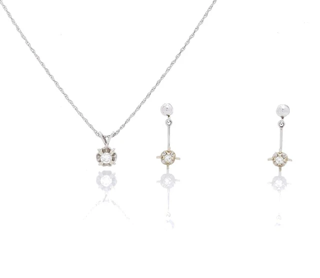 3PC 14K WHITE GOLD DIAMOND PENDANT & NECKLACE EARRINGS