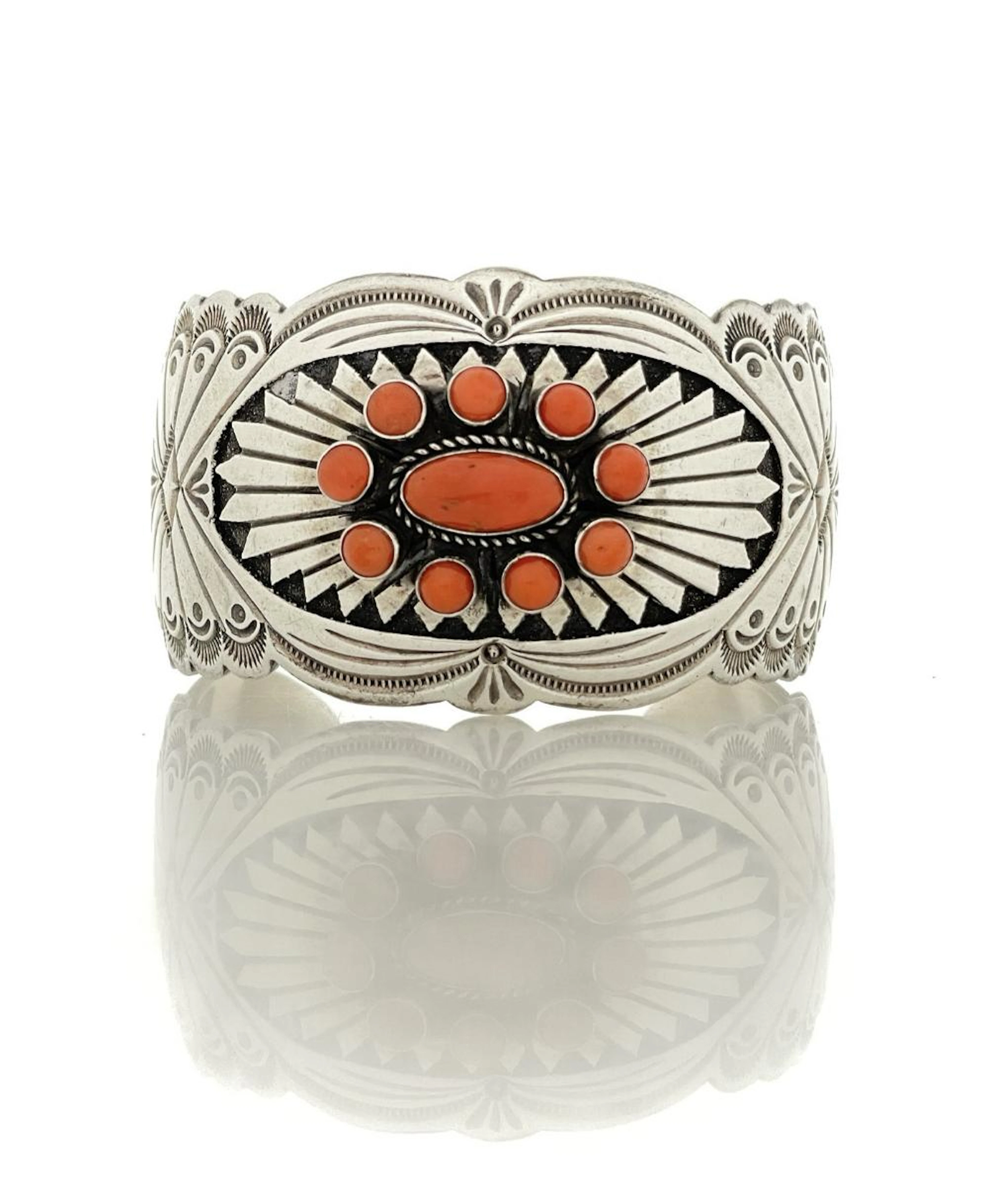 R WYLIE NAVAJO STERLING SILVER CORAL CUFF