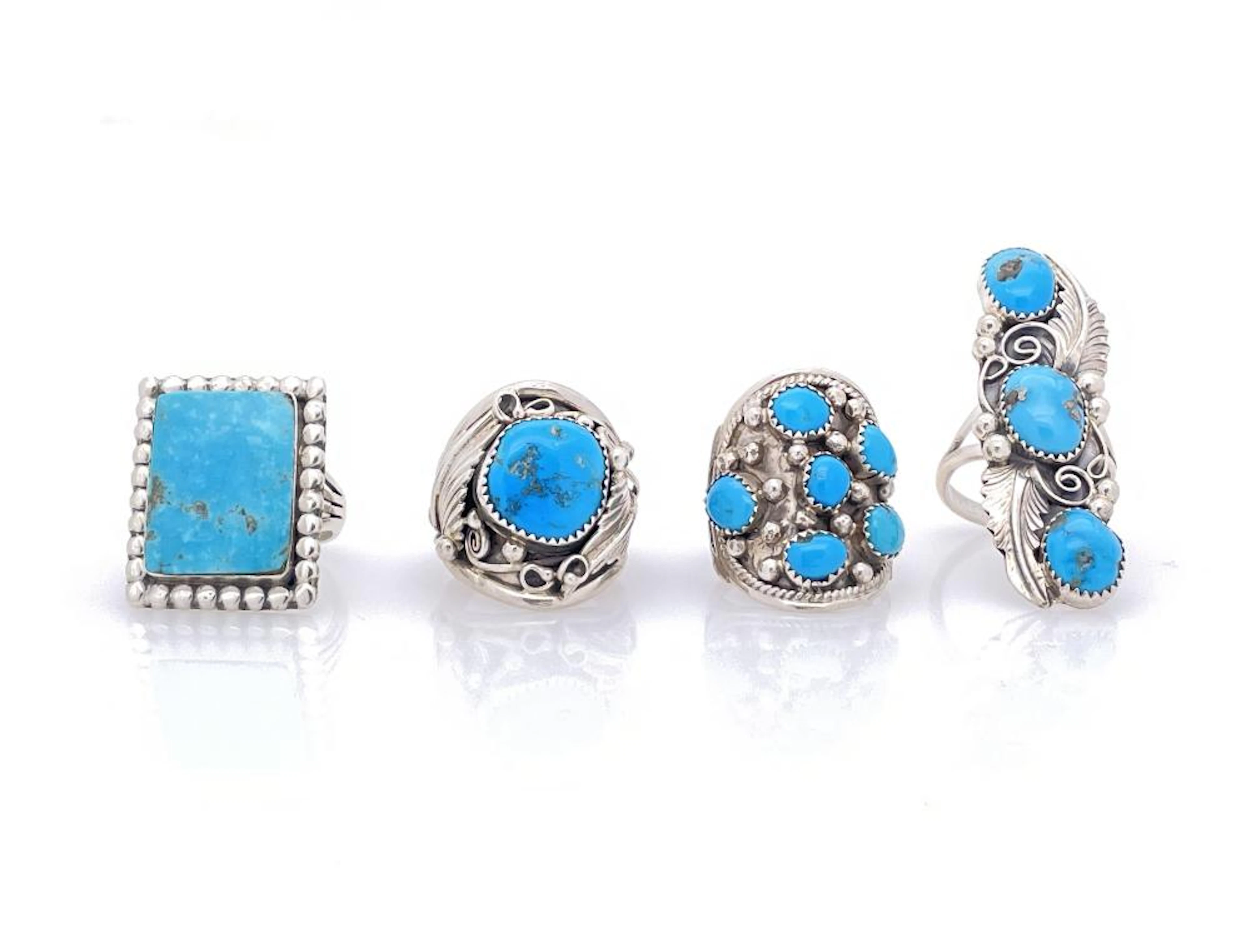 LOT OF 4 ASSORTED RUNNING BEAR STERLING SILVER TURQUOISE RINGS