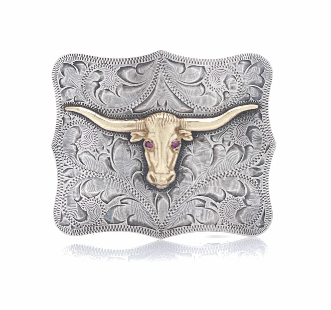 CHET VOGT STERLING SILVER 14K GOLD FILLED SAPPHIRE BELT BUCKLE