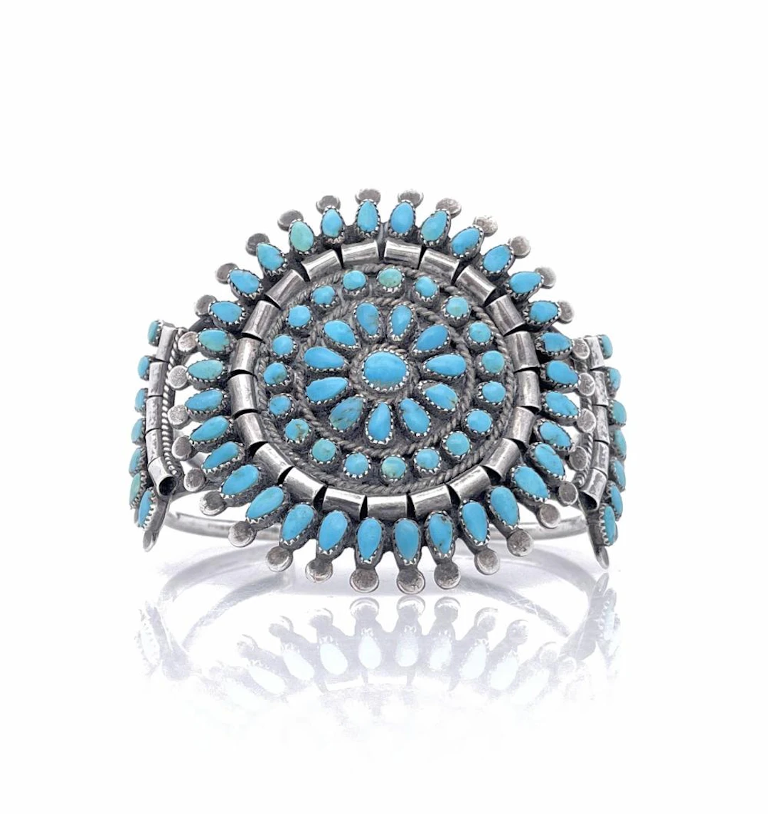NATIVE AMERICAN STERLING SILVER TURQUOISE CLUSTER CUFF
