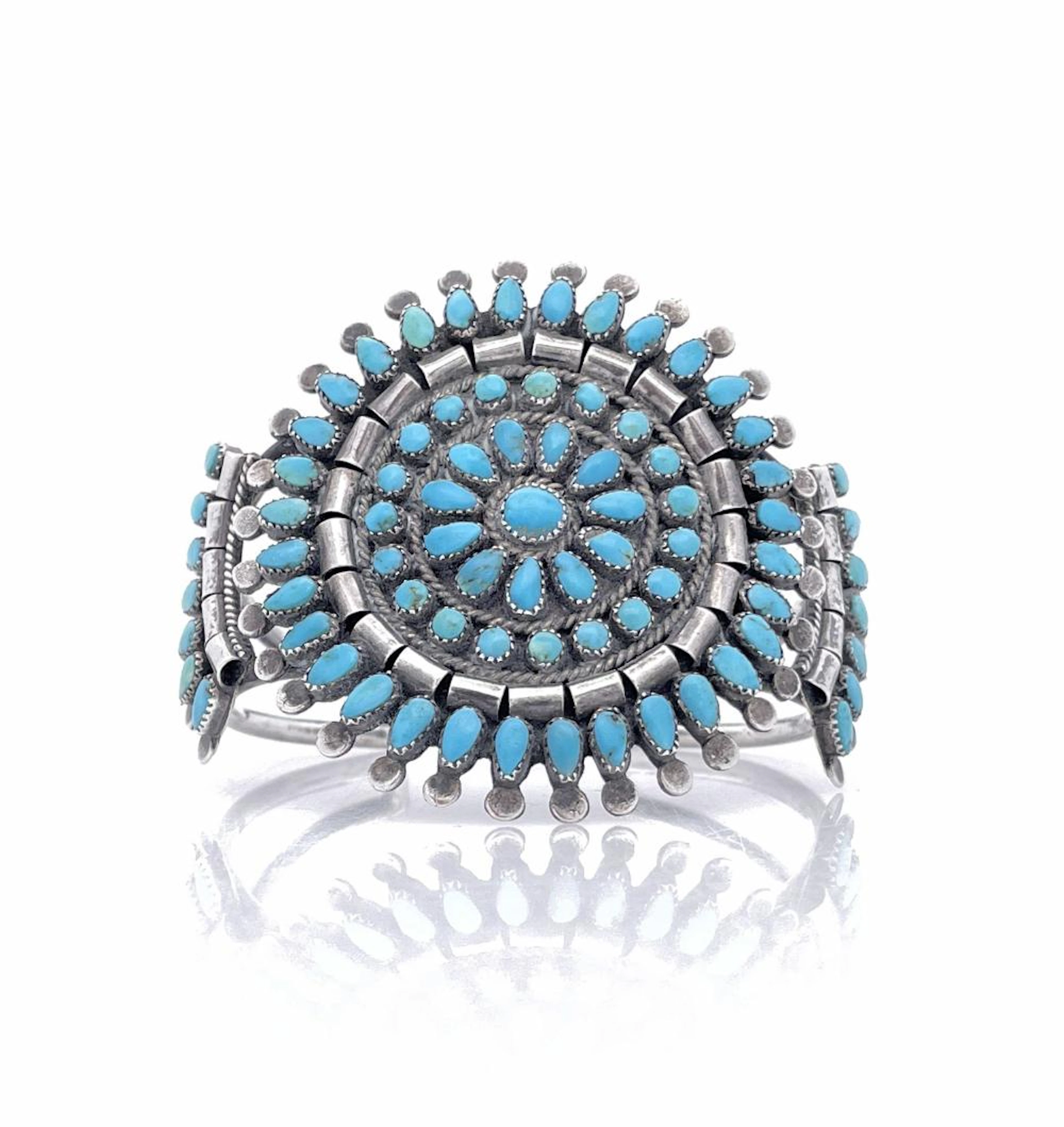 NATIVE AMERICAN STERLING SILVER TURQUOISE CLUSTER CUFF