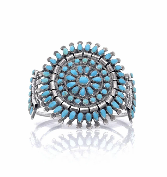 NATIVE AMERICAN STERLING SILVER TURQUOISE CLUSTER CUFF