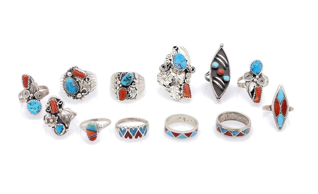LOT OF 12 ASSORTED NATIVE AMERICAN STERLING SILVER TURQUOISE & CORAL RINGS