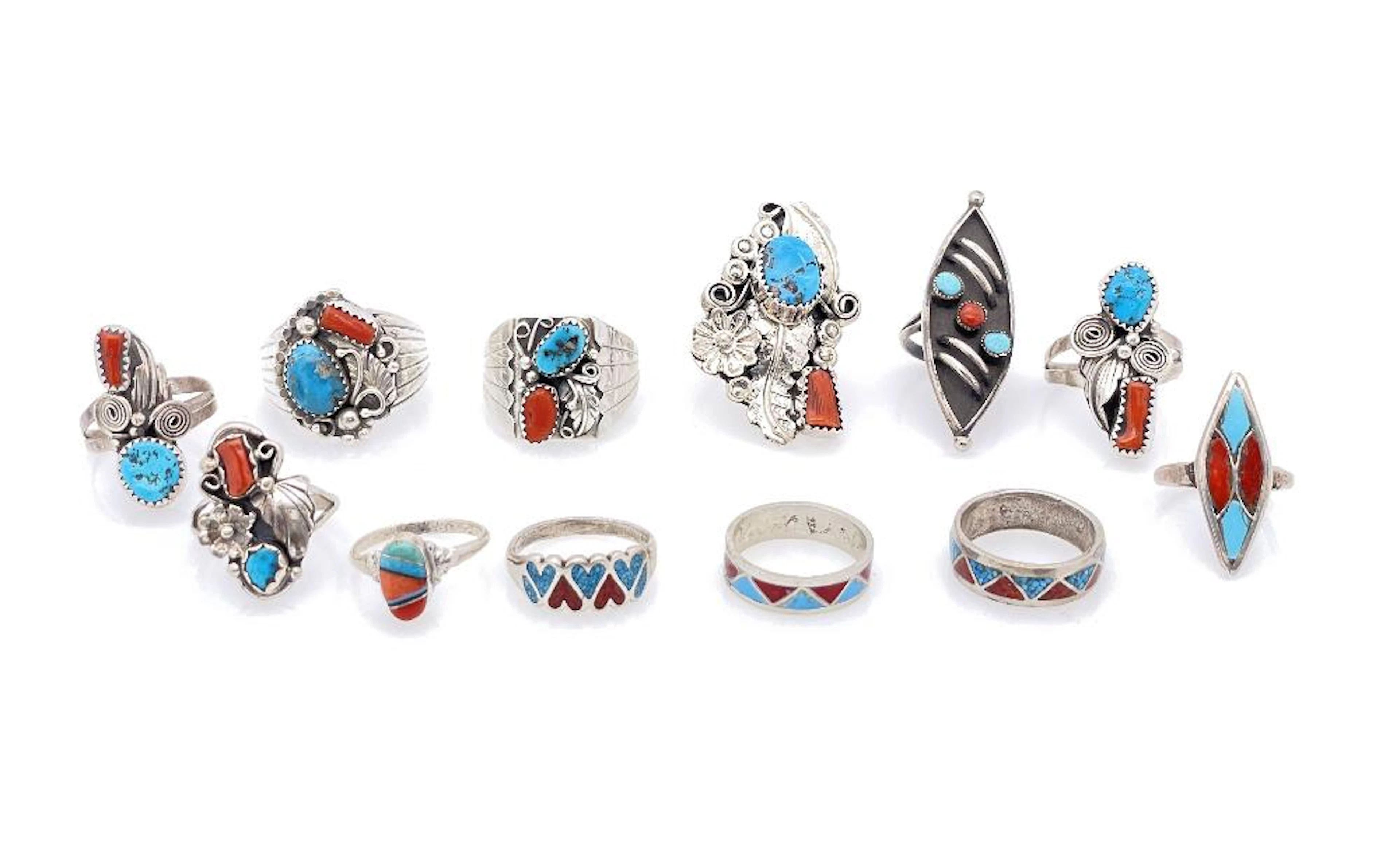 LOT OF 12 ASSORTED NATIVE AMERICAN STERLING SILVER TURQUOISE & CORAL RINGS