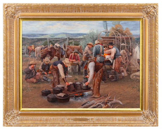 KARIN HOLLEBEKE "ARBUCKLES AND JOHNNYCAKES" OIL ON CANVAS