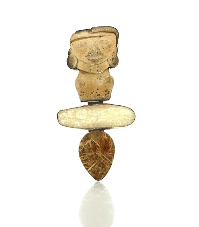 REBECCA COLLINS STERLING SILVER QUARTZ, IVORY & ARTIFACT BROOCH