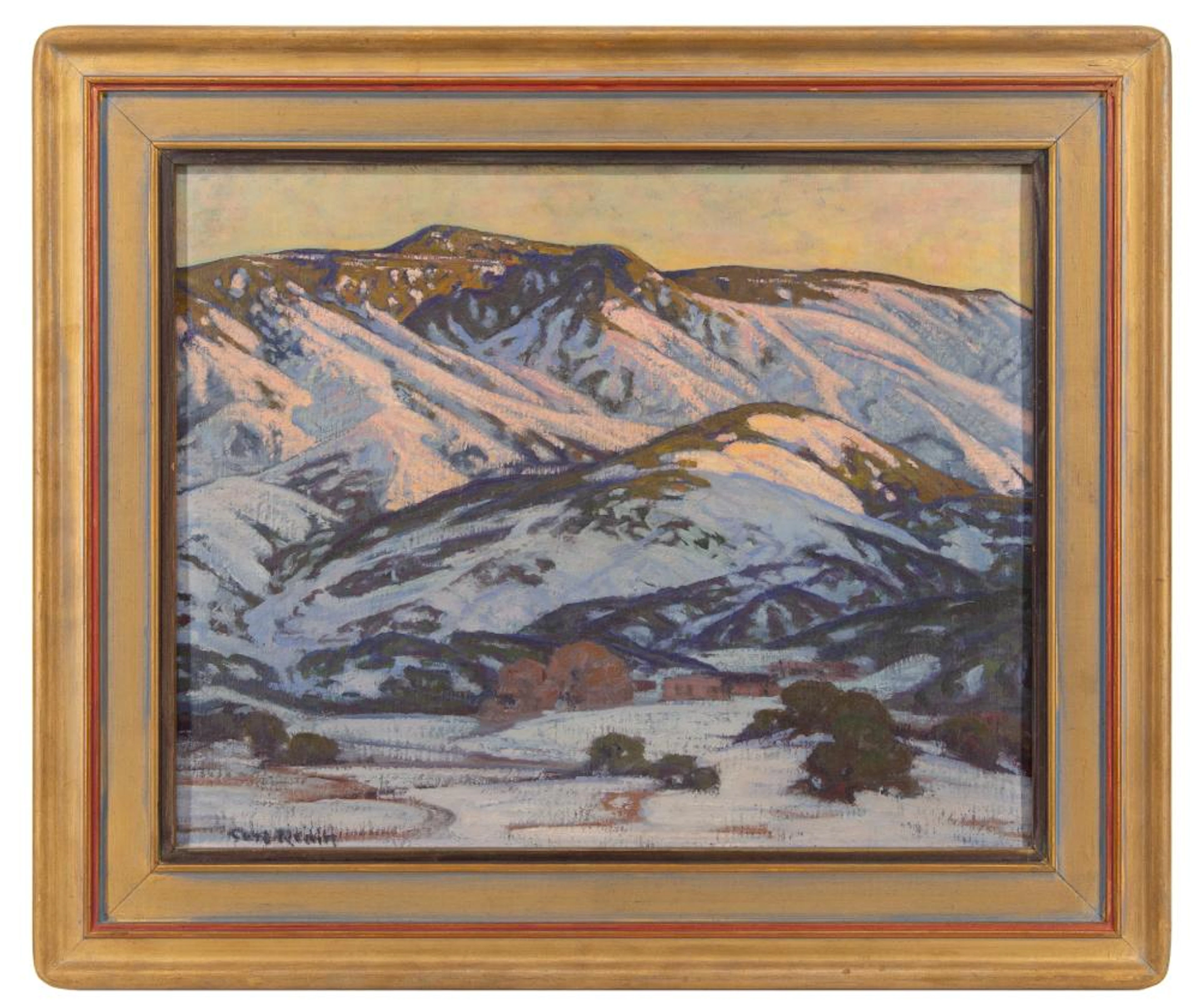 CARL REDIN "WINTER IN TIJERAS CANYON" OIL ON BOARD