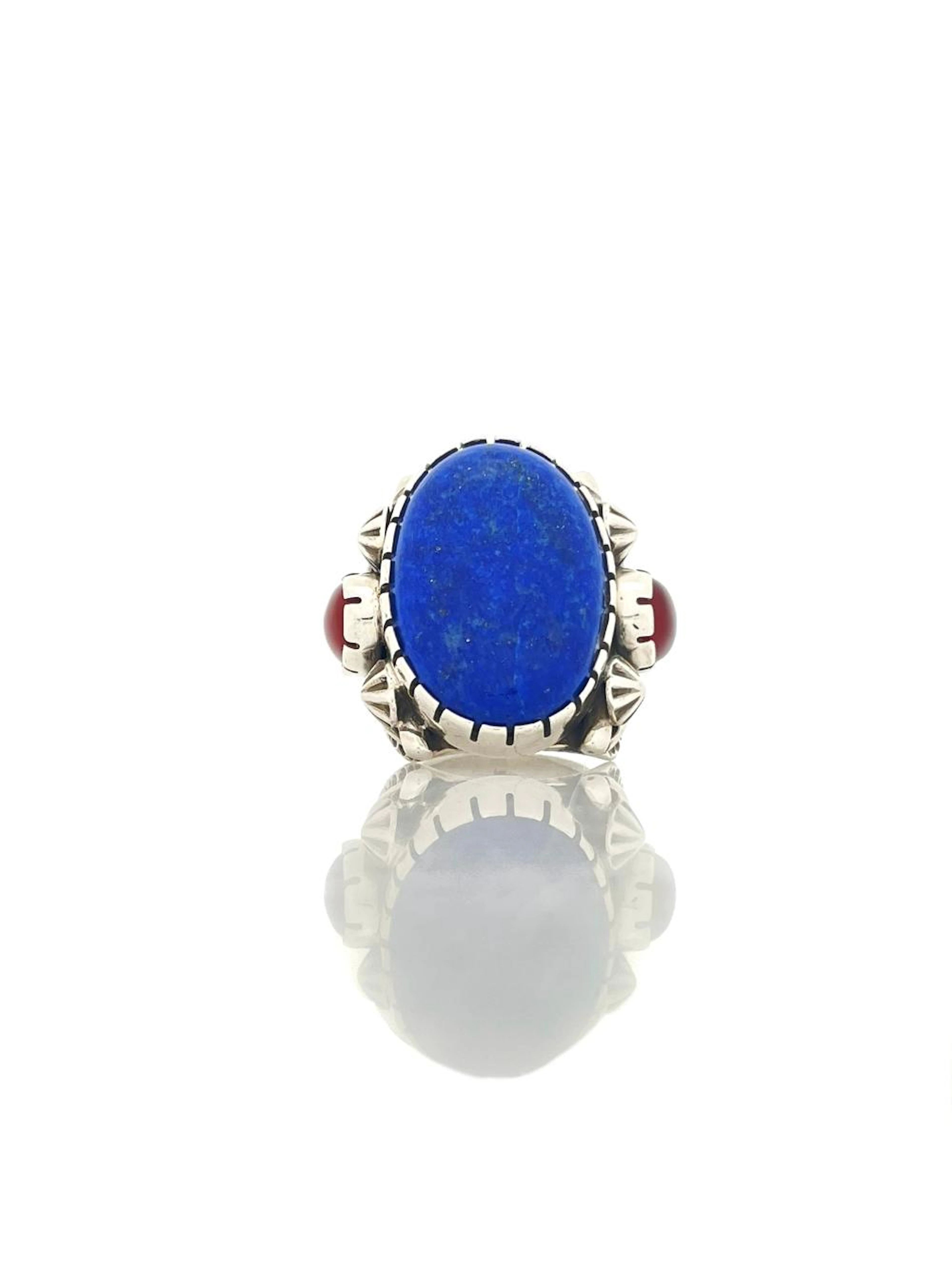 VERNON A BEGAYE NAVAJO STERLING SILVER LAPIS, CORAL & TURQUOISE RING