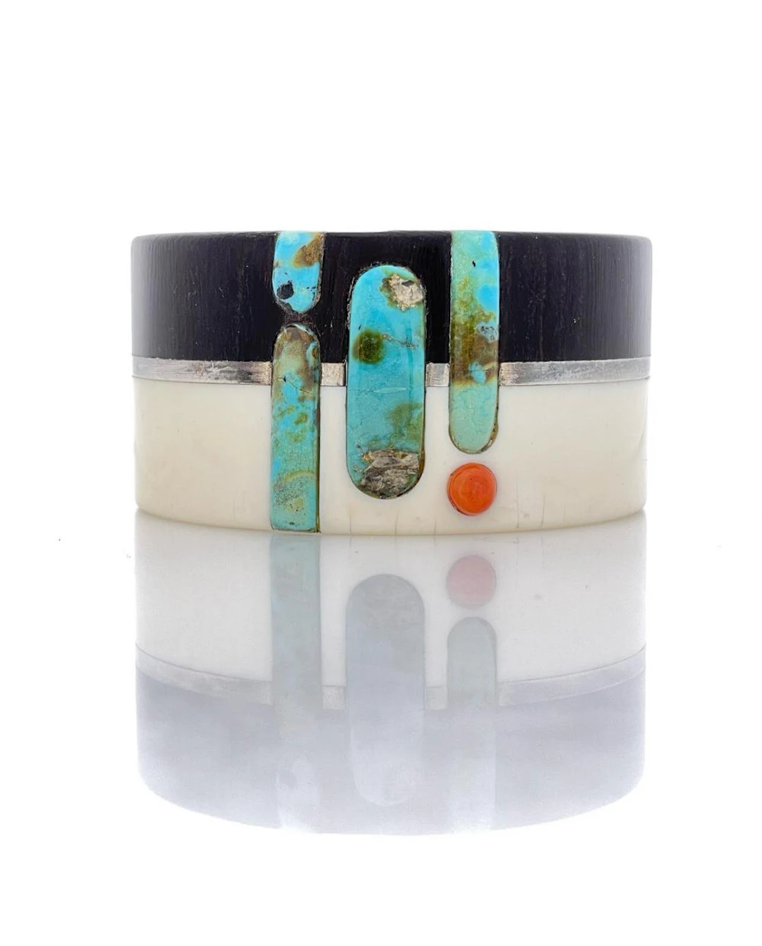 SOUTHWESTERN STERLING SILVER IRONWOOD, IVORY, TURQUOISE & CORAL BANGLE