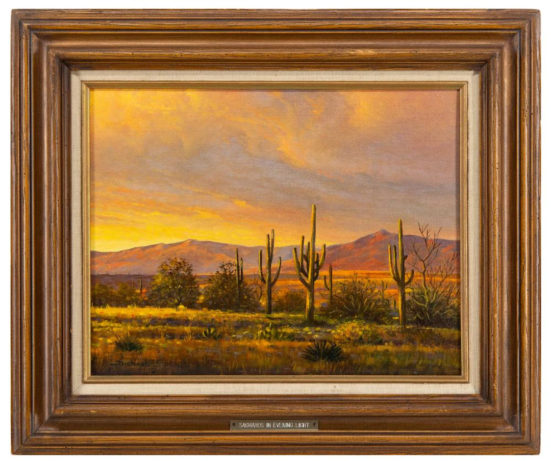 MICHAEL STACK "SAGUARO IN EVENING LIGHT" OIL ON CANVAS