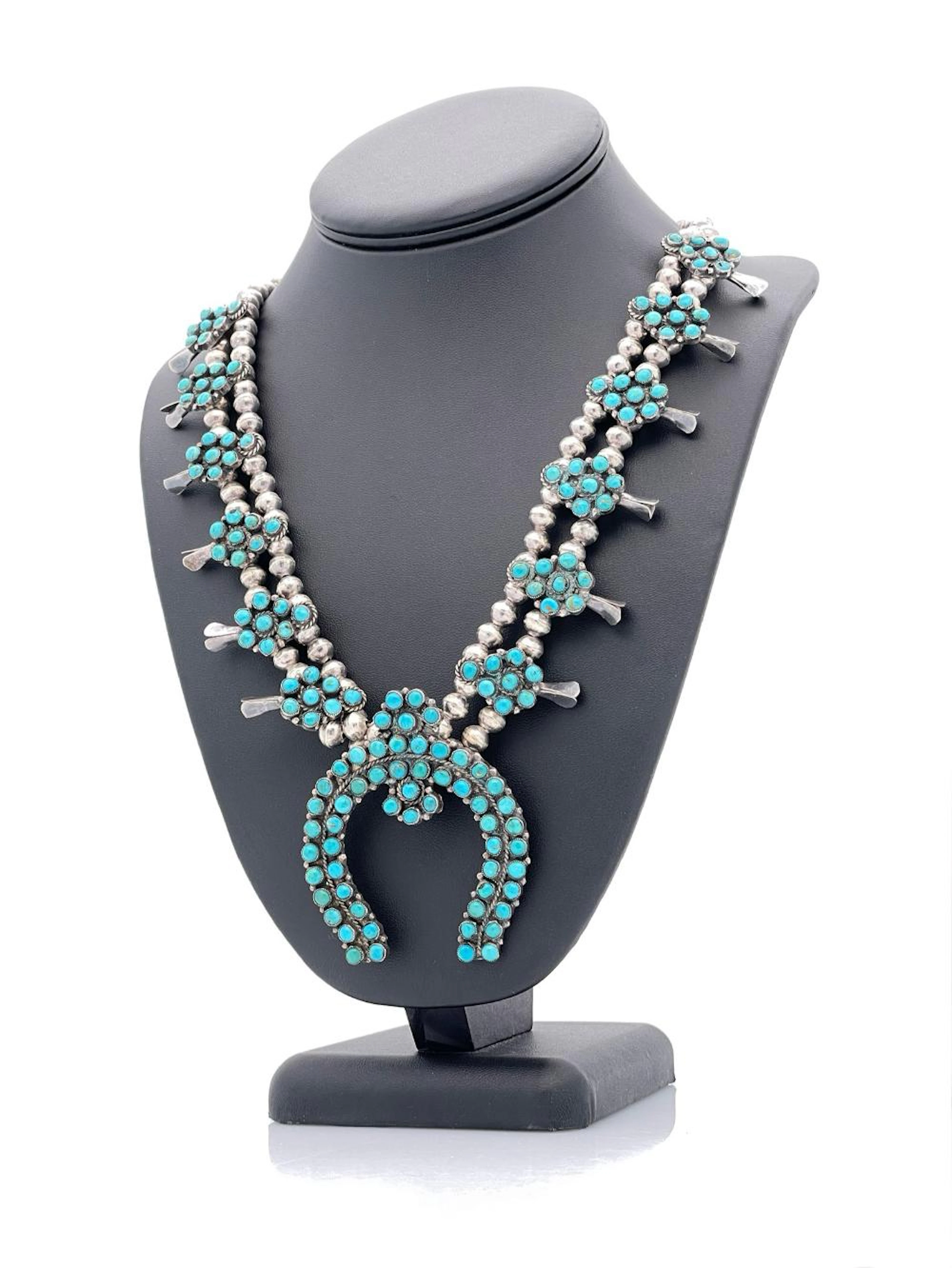 STERLING SILVER ZUNI SNAKE EYES TURQUOISE SQUASH BLOSSOM NECKLACE