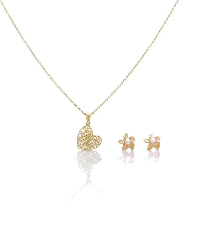 LOT OF 3 14K YELLOW GOLD HEART PENDANT NECKLACE & FLORAL PEARL EARRINGS