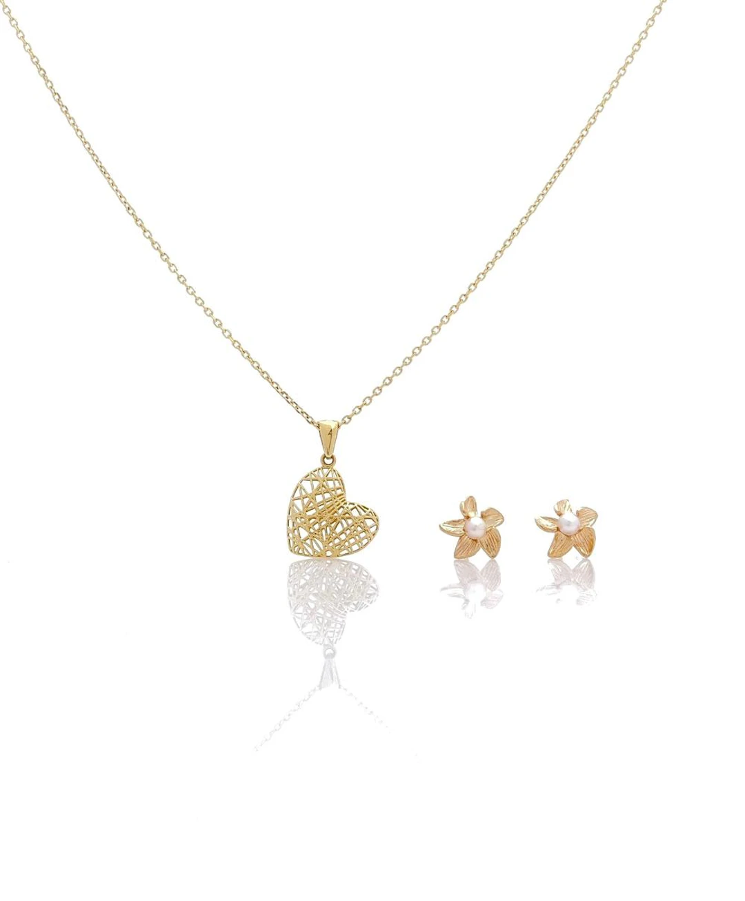 LOT OF 3 14K YELLOW GOLD HEART PENDANT NECKLACE & FLORAL PEARL EARRINGS