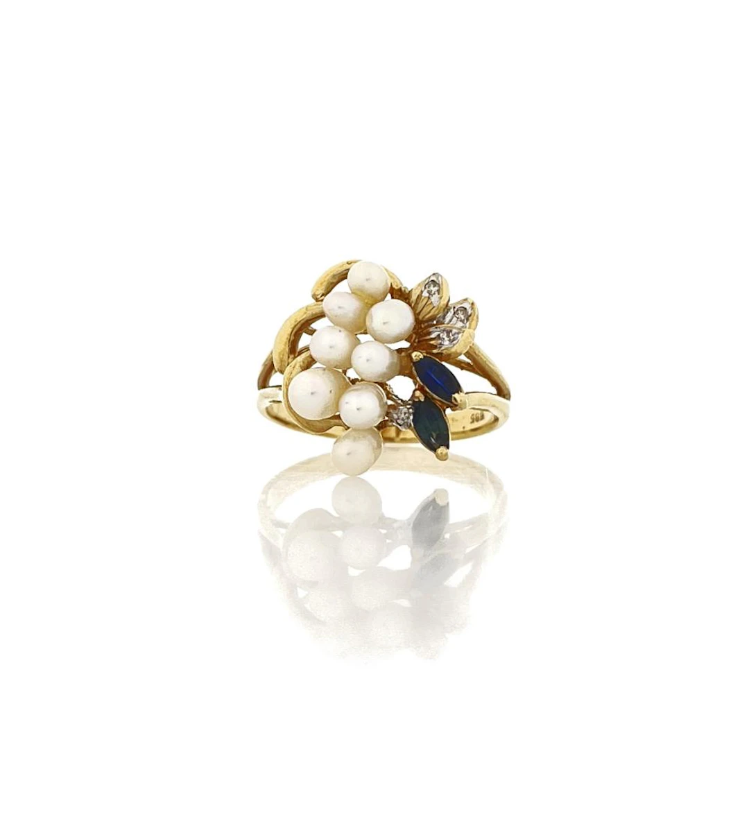 14K YELLOW GOLD .18CTTW SAPPHIRE, DIAMOND & PEARL RING
