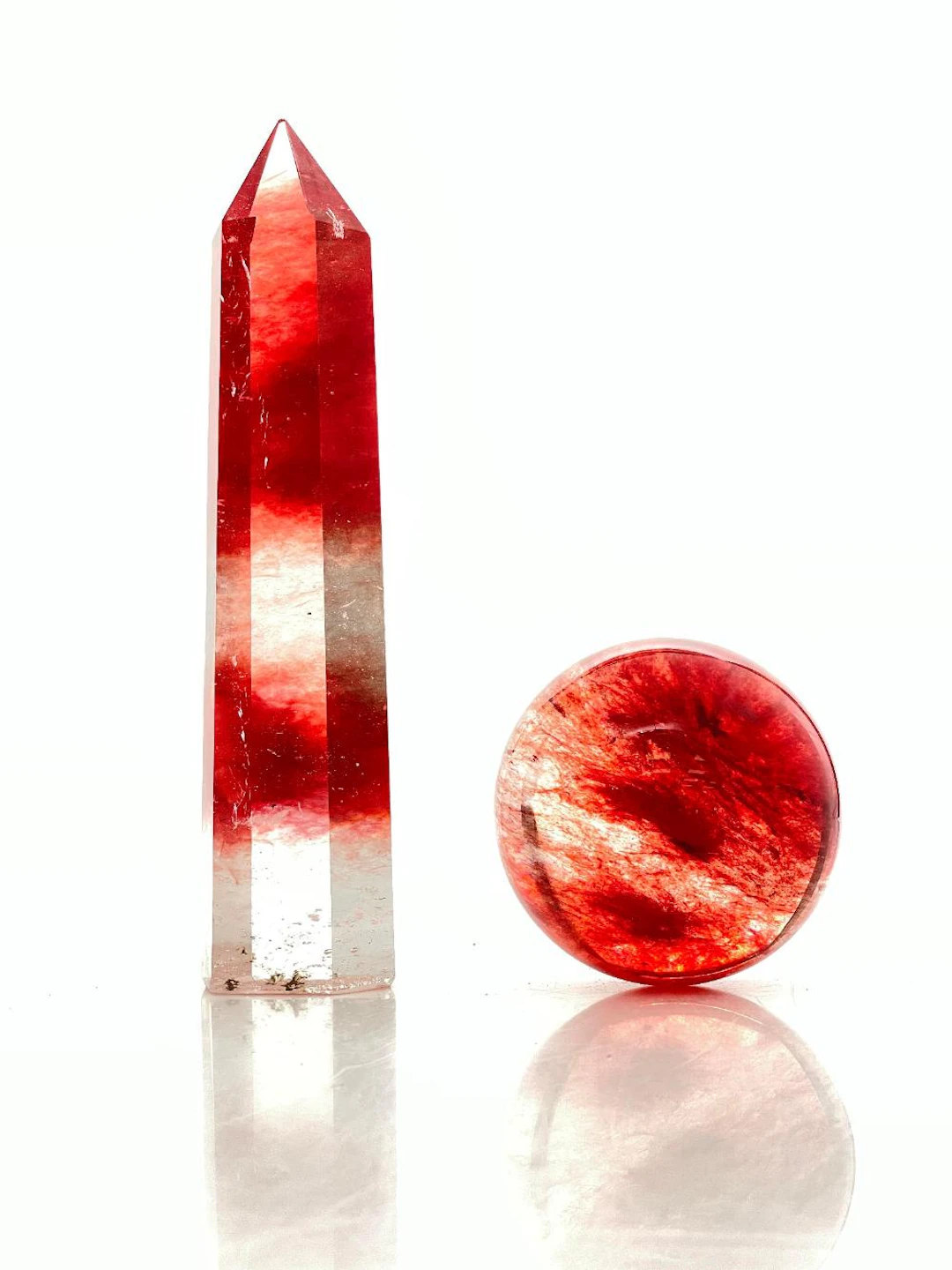 7+ POUNDS RED DYE QUARTZ SPHERE & OBELISK TOWER