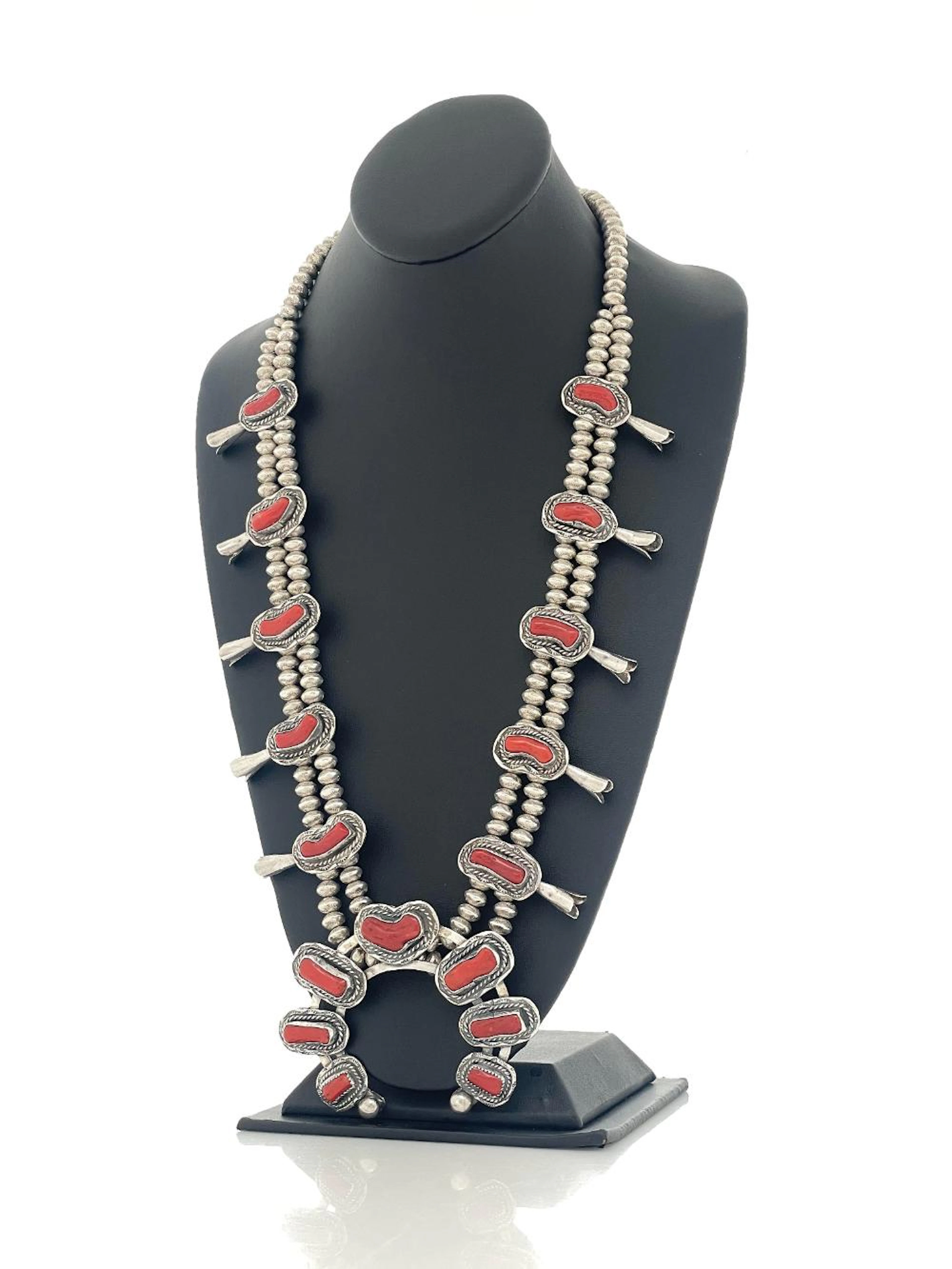 NAVAJO STERLING SILVER CORAL SQUASH BLOSSOM NECKLACE