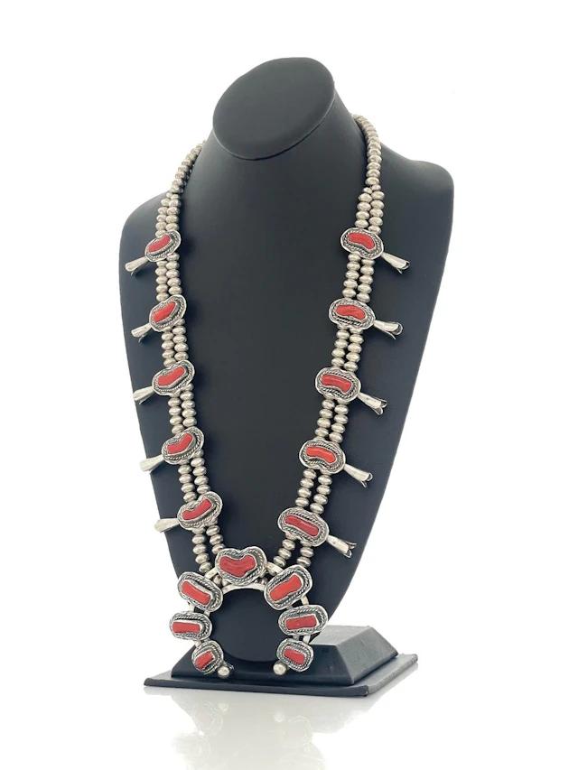 NAVAJO STERLING SILVER CORAL SQUASH BLOSSOM NECKLACE