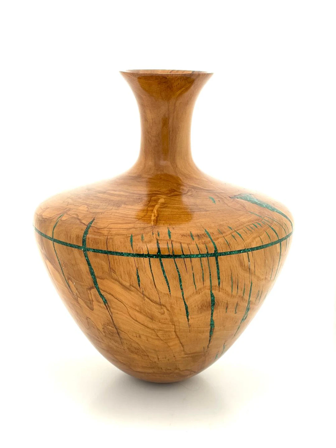 GREG CAMPBELL HAND TURNED OLIVEWOOD & MALACHITE INLAID VASE