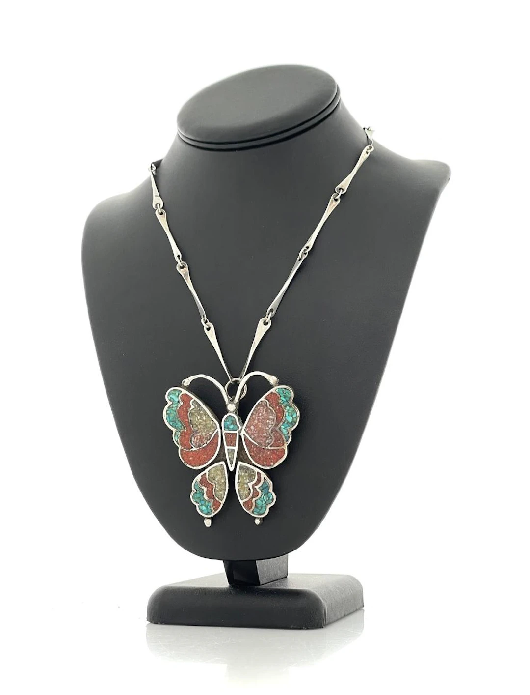 NATIVE AMERICAN STERLING SILVER MULTI STONE MOSAIC INLAY BUTTERFLY