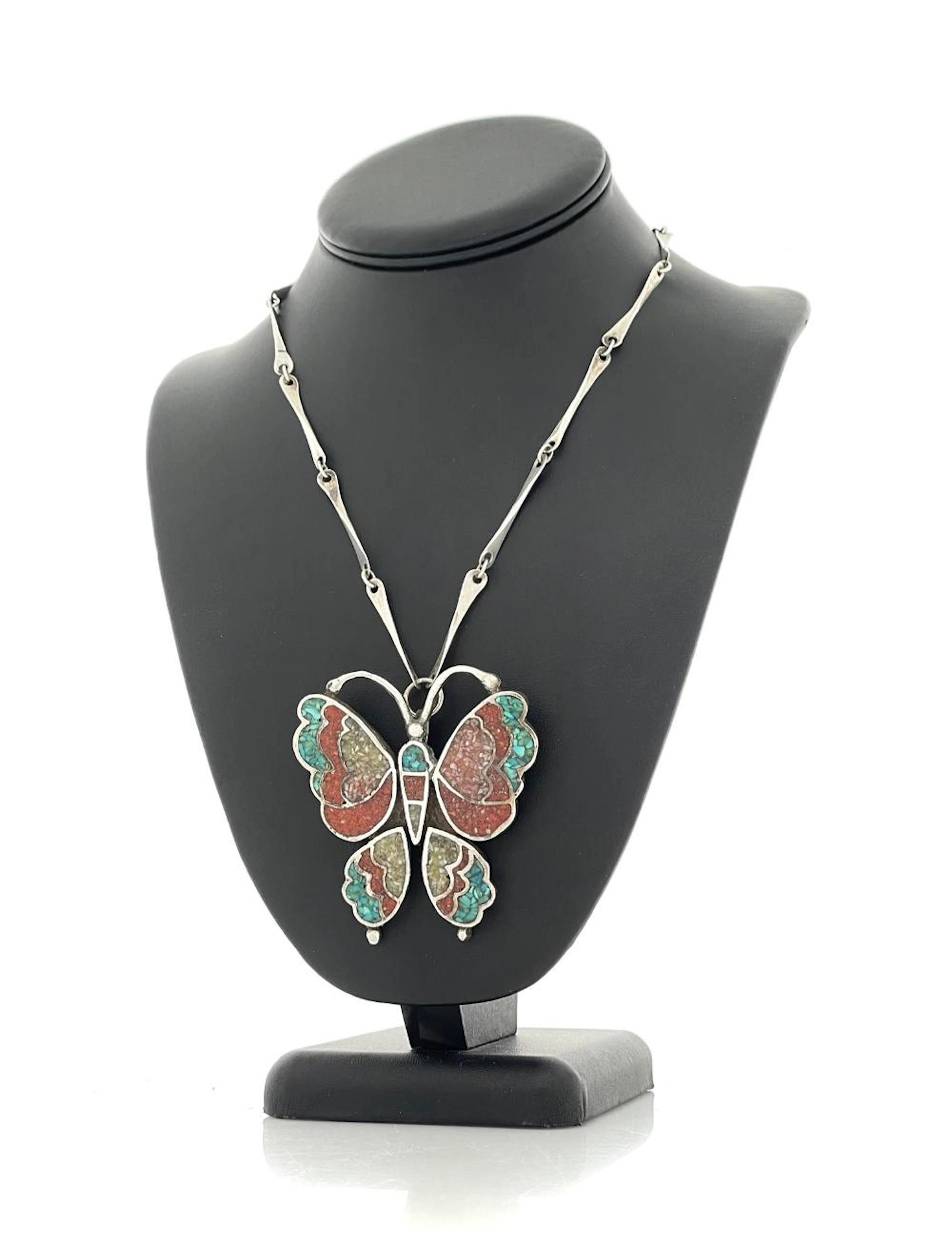 NATIVE AMERICAN STERLING SILVER MULTI STONE MOSAIC INLAY BUTTERFLY