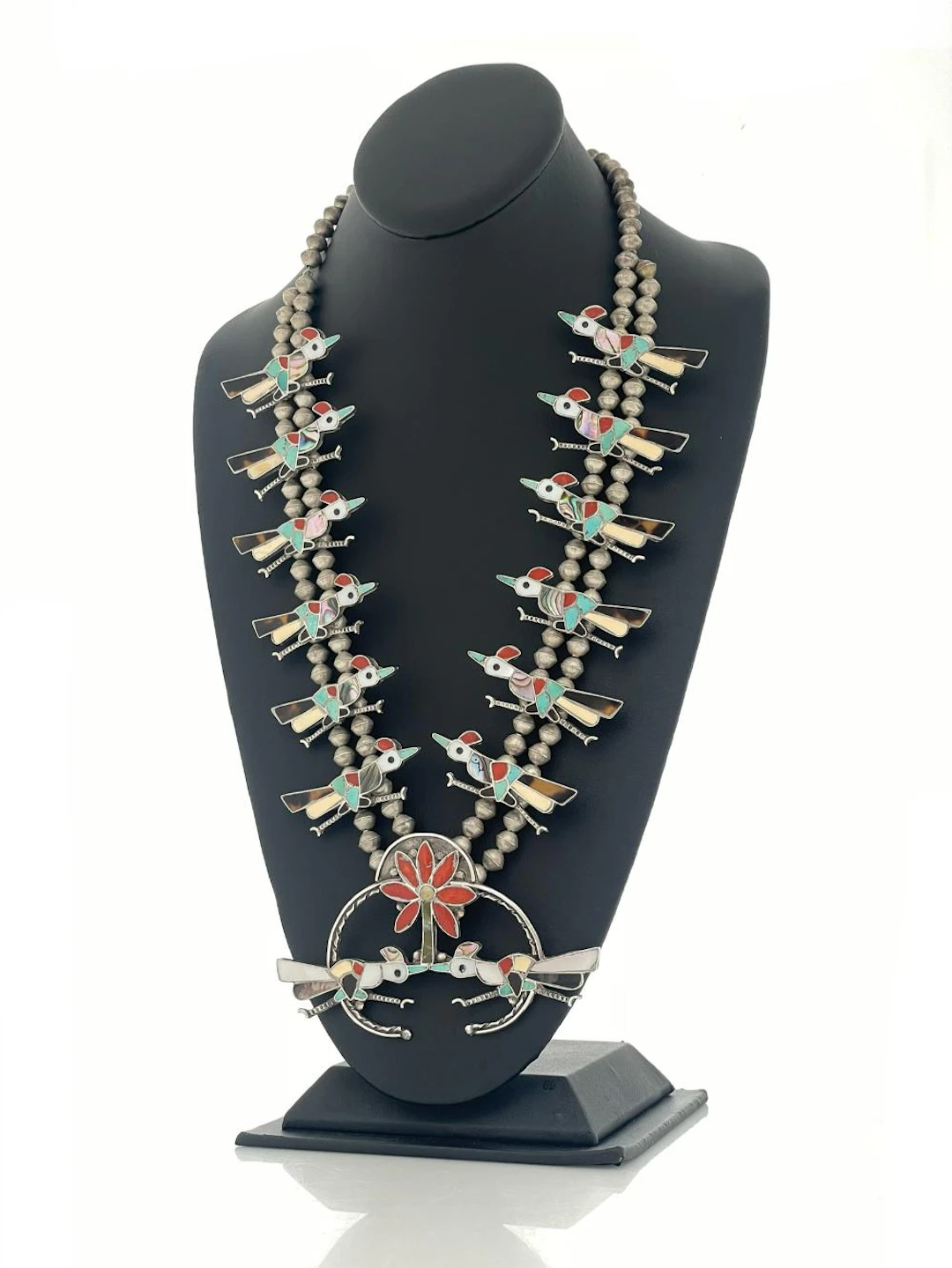 ZUNI STERLING SILVER MULTI STONE INLAY ROADRUNNER SQUASH BLOSSOM NECKLACE