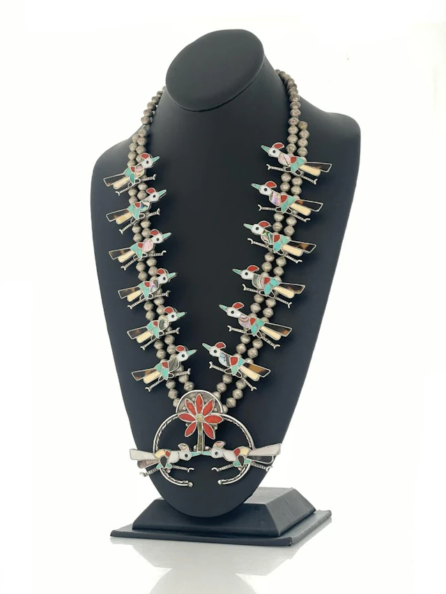 ZUNI STERLING SILVER MULTI STONE INLAY ROADRUNNER SQUASH BLOSSOM NECKLACE