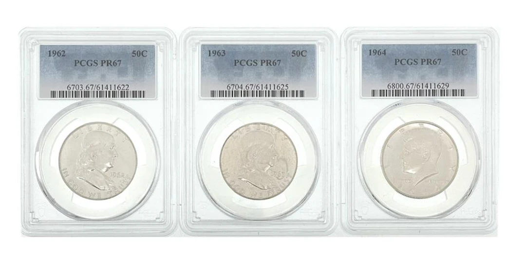 LOT OF 3 1926-1964 FRANKLIN SILVER HALVES PCGS PR67